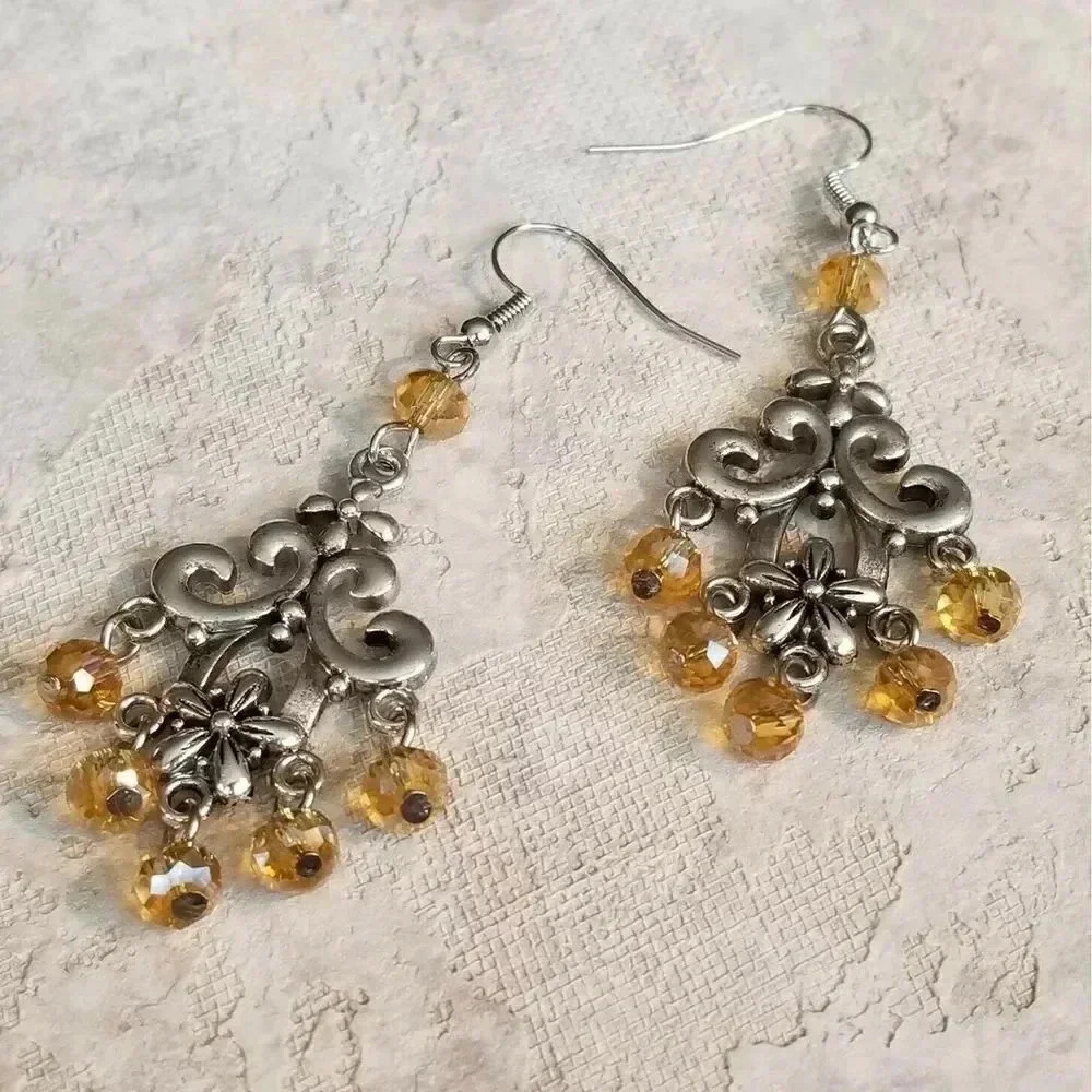 Victorian Amber Faceted Crystal Art Nouveau Silver Scroll Chandelier Earrings